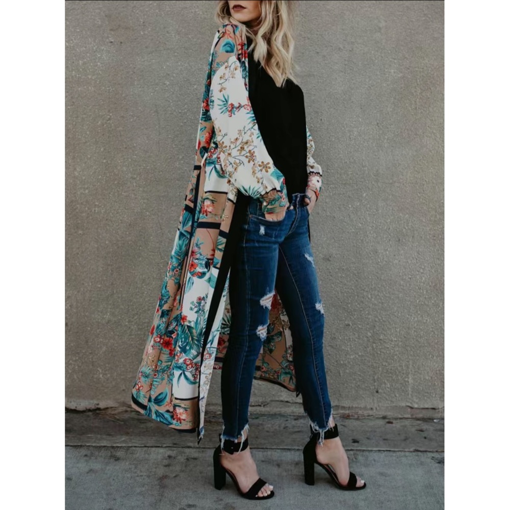 Bohemian White Floral Belted Long Sleeve Beach Coverup Duster